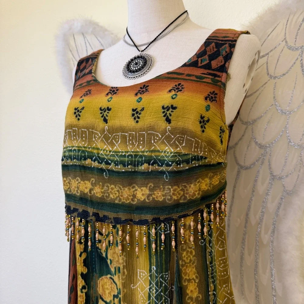 Earthy Boho Indie Grunge Tapestry Stripe‎ Midi Dress Green Rust Tank Beaded 90s
